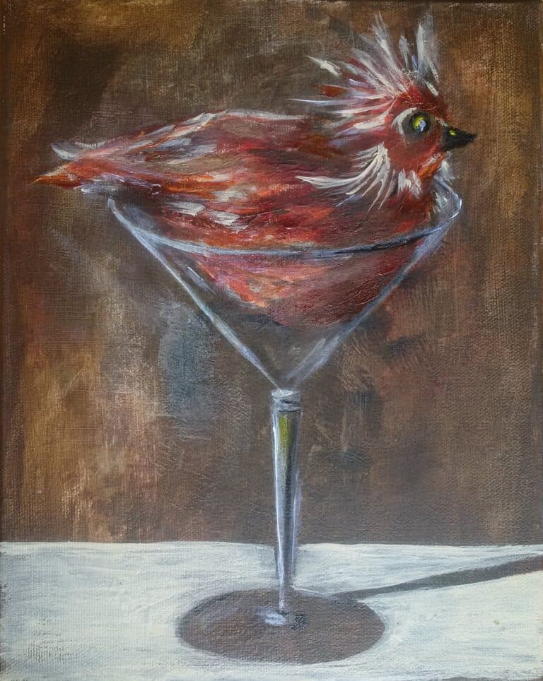 Bird swimming in martini glass